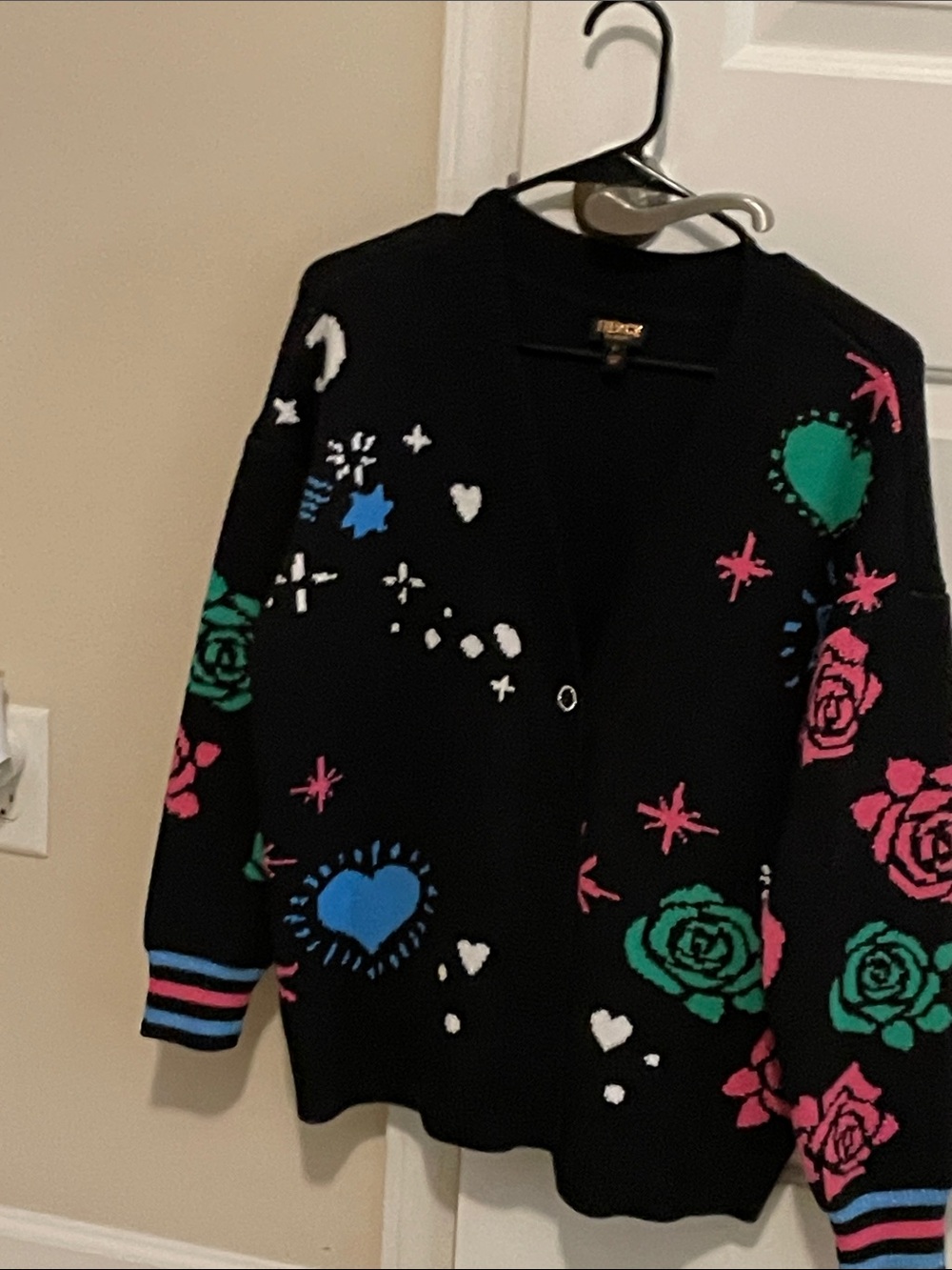QVC thick Black Floral & Heart Pattern Button-Up Sweater button up Cardigan L
